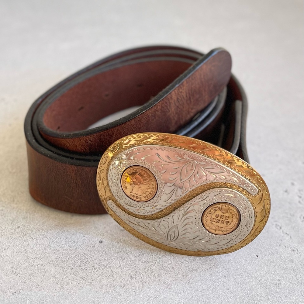 Vintage Main Street Forge Leather Belt & Award Designs Indian Head Penny Buckle